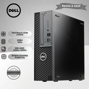 DELL WORKSTATION PRECISION 3431 SFF CPU INTEL XEON E-2236 9éme Gen. 3.4GHZ RAM 16Go DDR4 / 256Go SSD+ 500Go HDD / GPU NVIDIA QUADRO P1000 4Go- REMIS A NEUF