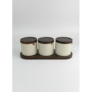 Ensemble de 3 Bocaux de Rangement en Céramique avec Couvercles en Bois et Plateau de Service