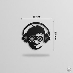 Tableau mural noir représente un portrait de joueur avec casque et manettes en bois MDF 35*35CM