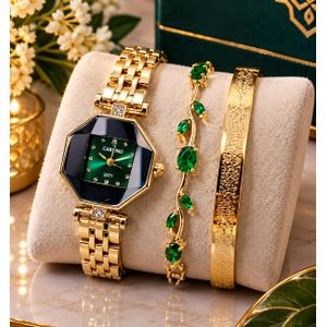 Ensemble Élégant Montre & Bracelets Dorés avec Pierres Vert Émeraude