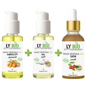 LY BIO PACK HUILE ABRICOT 50ML - POMPE + HUILE AIL 50ML - POMPE + HUILE SIDR 50ML - PIPETTE