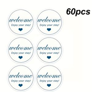 60 Autocollants Bienvenue - Étiquettes de clé pour hôtel et motel avec texte en anglais, design circulaire bleu pour une organisation facile et une expérience des clients, autocollants pour motel, étiquettes de clé pour hôtel, étiquettes de clé pour mot