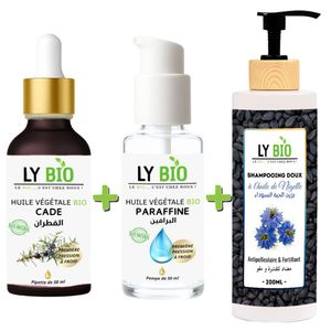 LY BIO PACK HUILE CADE 50ML - PIPETTE + HUILE PARAFFINE 50ML - POMPE + SHAMPOOING A L'HUILE DE NIGELLE 200ML