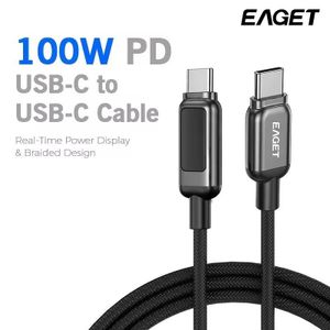Eaget Câble de charge rapide USB-C vers USB-C  100W avec affichage LED de l'alimentation, cordon de chargeur PD 5A avec puce E-Marker, câble durable tressé en nylon pour Macbook, iPhone 15/16, Samsung Galaxy