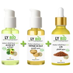 LY BIO PACK HUILE AVOCAT 50ml - POMPE + HUILE GERME DE BLE 50ML - POMPE + HUILE LIN 50ML - PIPETTE