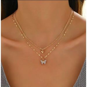 Double Collier Papillon Doré avec Strass