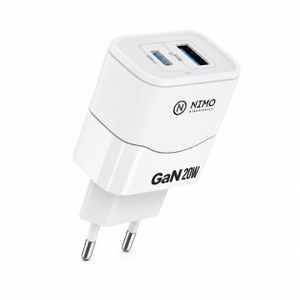 Nimo Chargeur Secteur GaN 20W + USB-A 18W, Double Port USB-C/USB-A, Modèle NG-A12 - Blanc