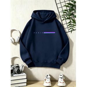 Sweat à capuche décontracté à manches longues pour garçon pour l'automne et l'hiver, imprimé à rayures horizontales avec lettres PARIS en dégradé, haut décontracté pour enfant, tissu en polyester légèrement élastique, convient pour les loisirs quotidien