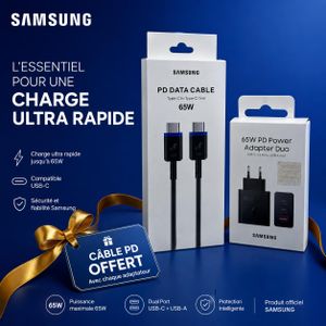 Samsung Chargeur Rapide Top Qualité Duo 65W PD avec Cable de charge PD&Data Cable USB-C To USB-C 65W offert en Cadeau شاحن سريع  65 واط بجودة عالية مع كابل شحن 65 واط هدية 