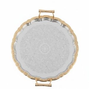 Plateau de Service Rond en Acier Inoxydable avec Poignées Dorées – Design Élégant