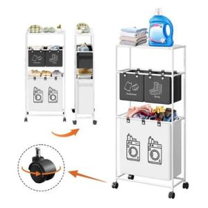 General سلة غسيل بثلاثة أقسام مع رف علوي – عربة تنظيم وفرز الملابس المتسخة قابلة للطي مع عجلات – حل عملي لتوفير المساحة