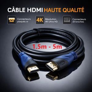 Câble HDMI 4K Ultra HD 1.5m ou 5m Plaqué Or Haute Vitesse 19 Broches