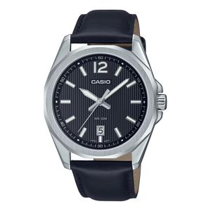 Casio Cadran noir texturé à motif rayé et bracelet en cuir véritable noir - Dateur - MTP-E725L-1AV