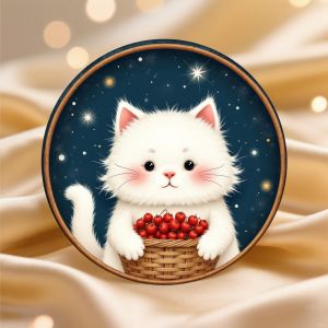 24pcs 48pcs Stickers de Bureau Chat Blanc Tenant un Panier de Baies Rouges sur Fond de Nuit Étoilée pour Décoration de Bureau et Usage de Papeterie