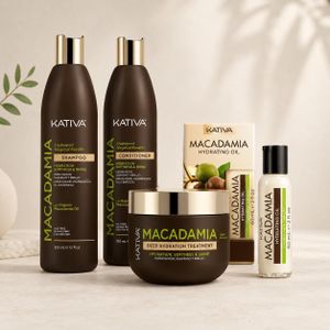 Kativa Professional Macadamia Gamme Complète Hydratation & Brillance (Shampooing + Après-Shampooing + Masque + Huile 60ml) Sans Sulfate