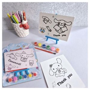 Kit de Peinture Mini Chevalet et Cartes Double Face Motif Cinnamoroll avec Palette Couleurs et Pinceau Activite Creative Coloriage Loisir Creatif Enfant Six Cartes Douze Dessins Impression Contour Graphique Support Chevalet Bleu Activite Manuelle