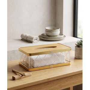 Boîte à Mouchoirs Design Luxe - Bambou Naturel & Acrylique Tressé - Finitions Dorées - Format Standard