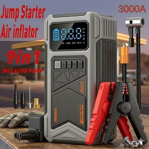 Démarreur de batterie de voiture portable JKUOO avec gonfleur de pneus, compresseur d'air, 4 batteries polymères de 2000 mAh