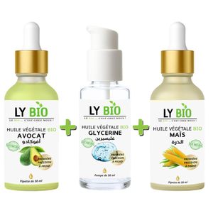 LY BIO PACK HUILE AVOCAT 50ml - PIPETTE + HUILE GLYCERINE 50ml - POMPE + HUILE MAIS 50ML - PIPETTE