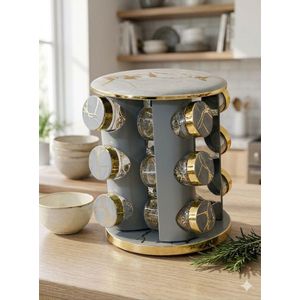 Présentoir à Épices 16 épieces Rotatif en verre  GRIS  et doré – Organisateur Chic-AYA HOME