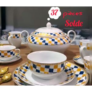 Service de Table de Luxe pour Ramadan- 37 Pièces, passe au lave-vaisselle et micro-ondes, Bleu-jaune SOLDE