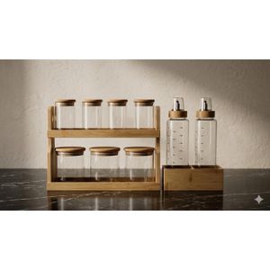 Organisateur de Cuisine en Bambou et Verre 9 pièces : 7 Pots à Épices, 2 Huiliers/Vinaigriers, Design Naturel et Minimaliste