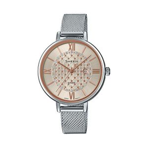 Casio SHE-4059M-4A - élégante minimaliste et robustesse avec bracelet en maiies milanaise - Index ornés de cristaux Swarovski - 