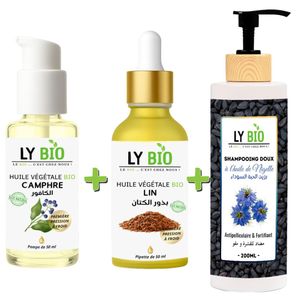 LY BIO PACK HUILE CAMPHREE 50ML - POMPE + HUILE LIN 50ML - PIPETTE + SHAMPOOING A L'HUILE DE NIGELLE 200ML