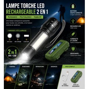 Lampe Torche LED Rechargeable 2 en 1 – 3 Modes d'Éclairage – Batterie Haute Capacité