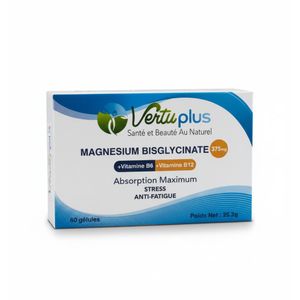 Magnésium Bisglycinate, 375mg, Vitamines B6 & B12 - Absorption Maximale, Anti-Stress, Anti-Fatigue & Sommeil - 60 Gélules