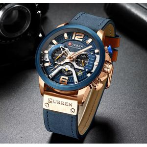 Curren Montre Homme Sport Chronographe 8329 Cadran Bleu Boîtier Or Rose Grand Cadran 48mm Bracelet Cuir Bleu Dateur Luminescent Étanche