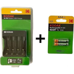 Kodak Chargeur Usb Batterie 4x AAA ou 4x AA pour Pile Ni-mh Rechargeable + 2 Piles AAA