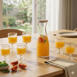 Élégant Service à Boissons en Verre Cannelé avec Base Dorée - Carafe 1.5L + 6 Verres 300ml - Style Premium pour Maison et Réception