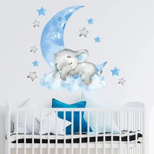 Autocollant Cartoon Cute Sleeping Elephant Wall Sticker for Blue Moon Cloud