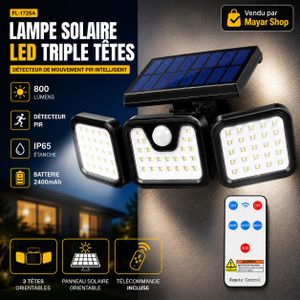 Lampe Solaire LED Triple Têtes FL-1725A avec Télécommande, Détecteur de Mouvement PIR, IP65, Batterie 2400mAh, Panneau Solaire Orientable – Éclairage Extérieur Haute Puissance