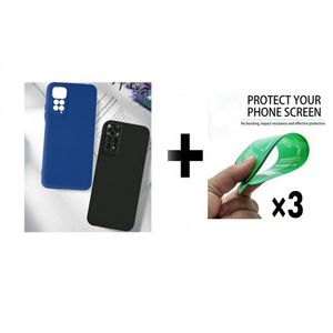 Case Pack : 2 pochette Xiaomi Poco M4 pro (4G) silicone Goma Bleu et Noir + 3 ciramik