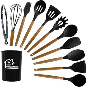 Ustensiles de Cuisine Élégants en Silicone , 12 Pièces avec Manches en Bois