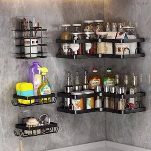 Pack de 5 étagères d’angle pour salle de bain et cuisine – organisateur mural adhésif sans perçage noir mat