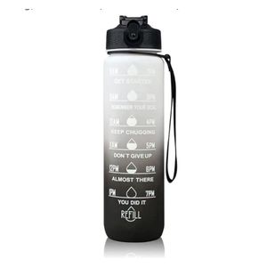 Gourde de sport en plastique sans BPA de 1 L, avec graduations et indicateur de temps,