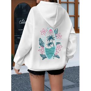 Sweat à capuche décontracté et sportif pour femmes, manches longues, imprimé lettres, printemps/été. Doté d'un imprimé arrière artistique et stylisé avec des motifs de plage, surf, paddleboard, palmiers et lettres anglaises. Design imprimé arrière avec 