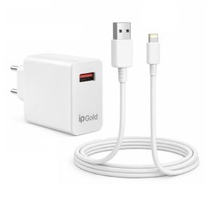 Ip Gold Chargeur Rapide 18W avec Câble USB-A vers Lightning, compatible avec iPhone, iPad.