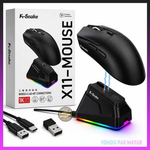 K-Snake ماوس الألعاب اللاسلكي X11 – ثلاثي الأوضاع بلوتوث/2.4 جيجا هرتز/USB-C، مستشعر PixArt PAW3311 بدقة 22000 نقطة في البوصة، قاعدة شحن مغناطيسية بإضاءة RGB، خفيف الوزن للغاية مع 5 أزرار قابلة للبرمجة ومقبض مانع للانزلاق