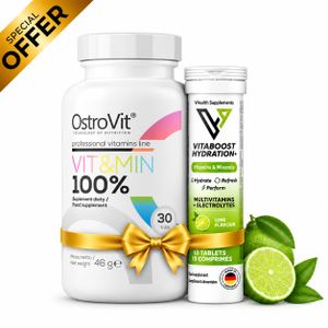 OstroVit Pack 100% Vitamine Vit&Min 30 Tabs + Vitamins & Minerals Citron Vert 10 Comprimés