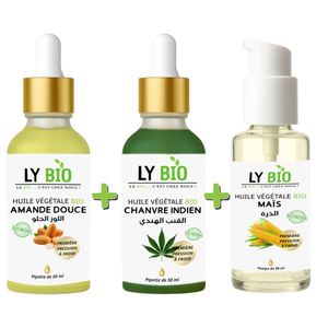 LY BIO PACK HUILE AMANDE DOUCE 50ML - PIPETTE + HUILE HYDRATANTE & NUTRITIVE 50ML - PIPETTE + HUILE MAIS 50ML - POMPE