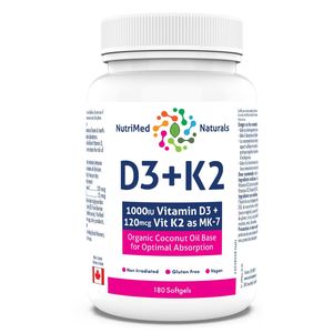 D3 + K2, 180 gélules - Base d'huile de noix de coco bio pour une absorption optimale - Testé par des tiers - Formulé et fabriqué au Canada