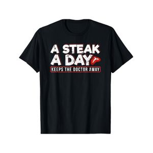 T-shirt unisexe en coton décontracté à col rond et manches courtes avec imprimé graphique « Un steak par jour éloigne le médecin », lavable en machine, coupe confortable toutes saisons, idéal pour les amateurs de viande, vêtement décontracté toutes sais