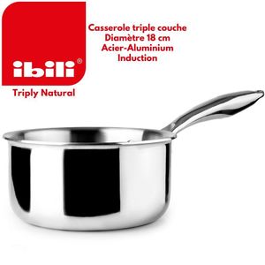 Ibili Triply Natural 18 – Casserole Diamètre 18 cm, 2 Litres, Structure 3 Couches Acier-Aluminium-Acier, Tous Feux dont Induction et four, Poignée Inox Isolée, Sans PFOA