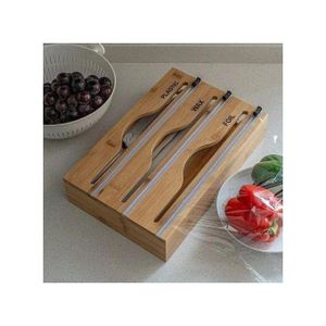 Boîte de stackage et distribution film alimentaire rechargeable en bambou, coupe-film alimentaire