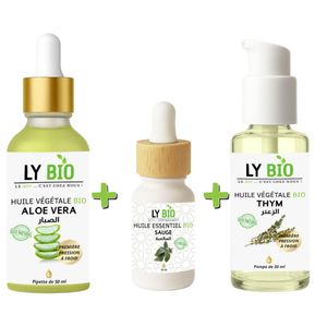 LY BIO PACK HUILE ALOE VERA 50ml - PIPETTE + HUILE ESSENTIEL SAUGE 10ML + HUILE THYM 50ML - POMPE