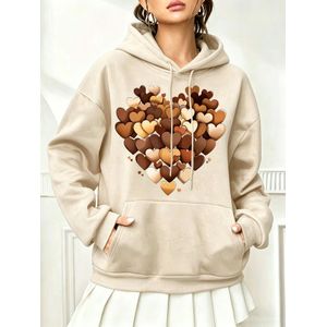 Sweat à capuche tendance automnehiver avec cordon de serrage et imprimé cœur superposé Maillard aux tons terreux, style doux, simple et féminin. Doté d'une capuche avec cordon de serrage et d'une poche kangourou à l'avant pour un port confortable par t